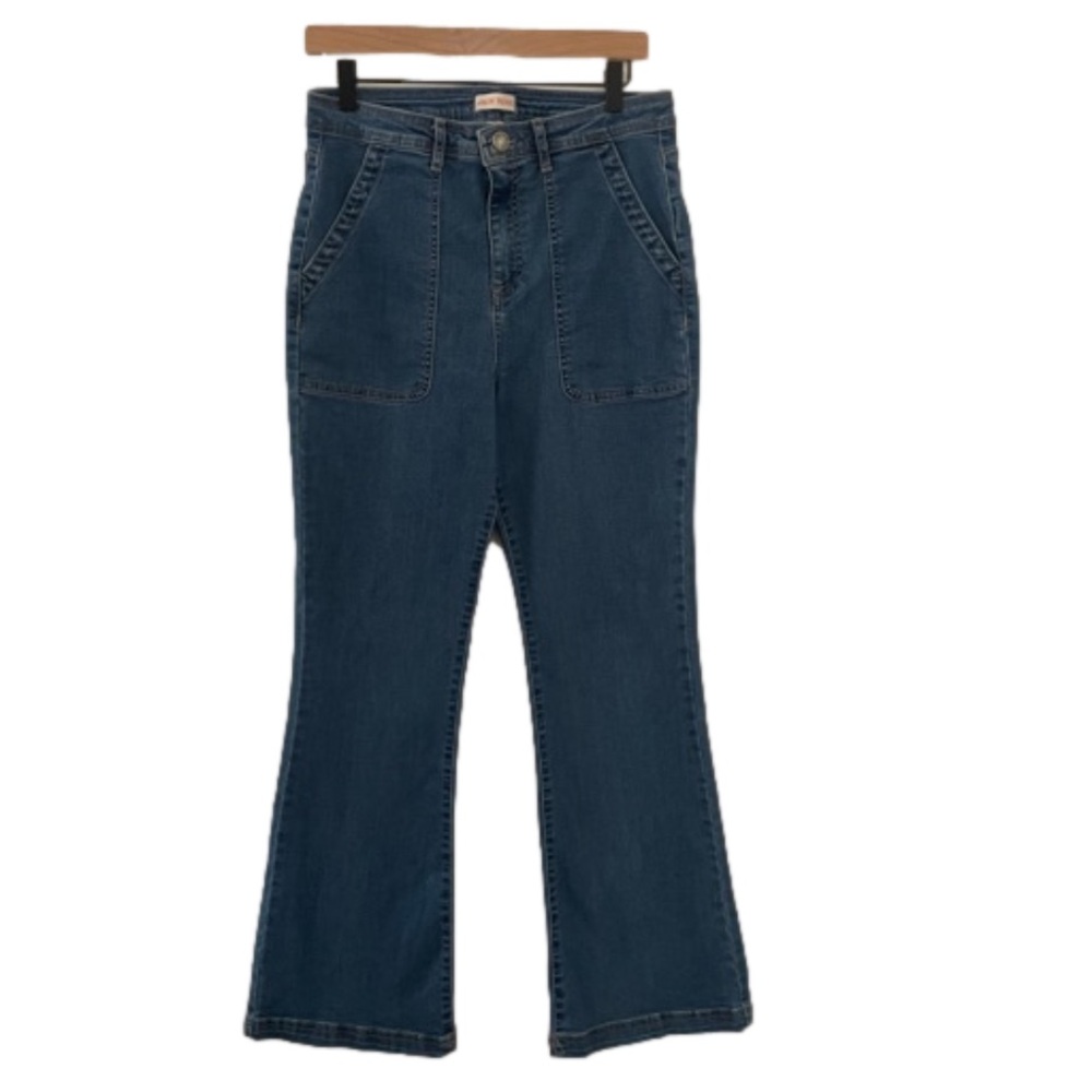 Knox Rose Flare Medium Wash Denim Jeans Size 12 Deep Pockets High Rise Wide Leg